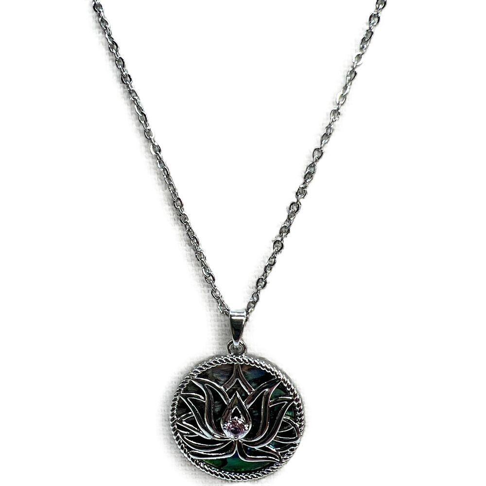 NEW Silver Abalone Shell Lotus Flower Round Pendant Necklace Womens - Picture 14 of 15